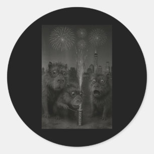 Funny Capybara Fireworks Happy New Year Classic Round Sticker