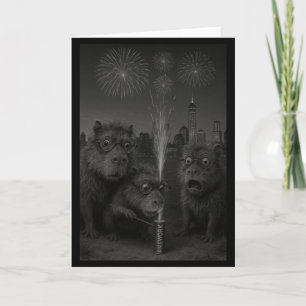 Funny Capybara Fireworks Happy New Year Long Sleev Card