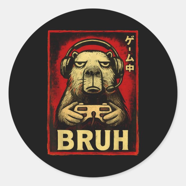 Funny Capybara Gamer Bruh Graphic Tee Men Boys Tee Classic Round Sticker (Front)