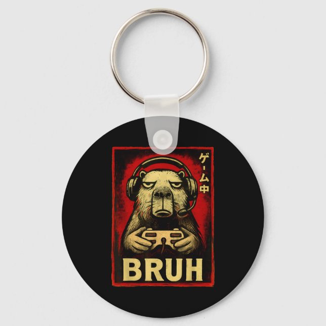 Funny Capybara Gamer Bruh Graphic Tee Men Boys Tee Key Ring (Front)