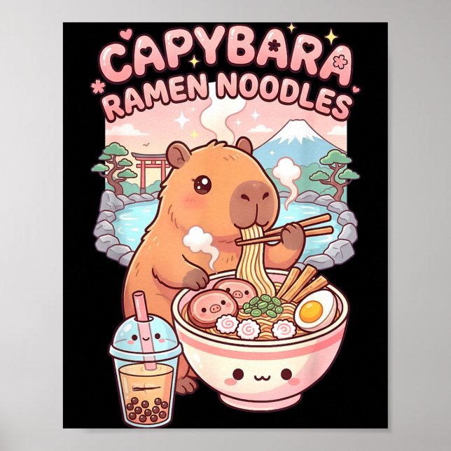 Funny capybara noodle ramen kawaii capybara eating poster (Front)