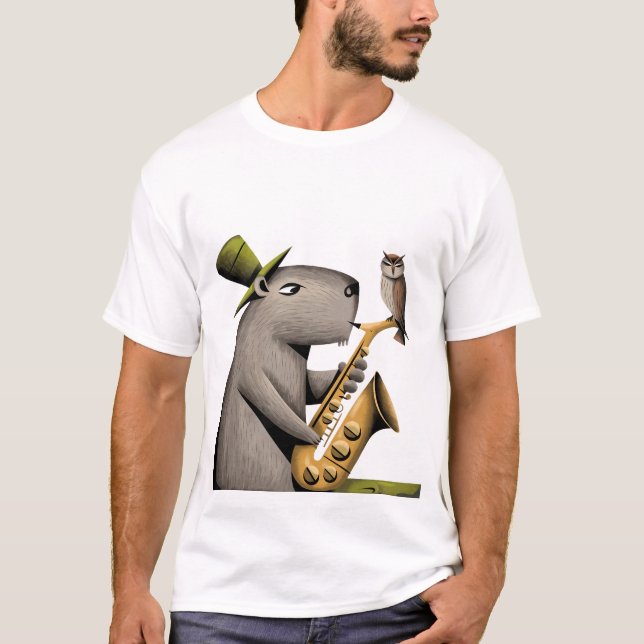 Funny Capybara Playing Saxophone with Owl T-Shirt (Front)