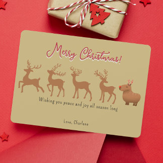 Funny Capybara Reindeer Gold Christmas Cards