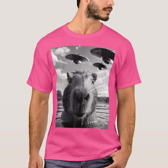 Funny Capybara Selfie With Alien Ufos T-Shirt (Front)