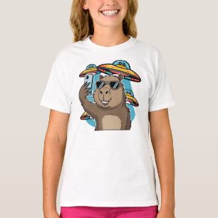 Funny Capybara Selfie with UFO Alien Space T-Shirt