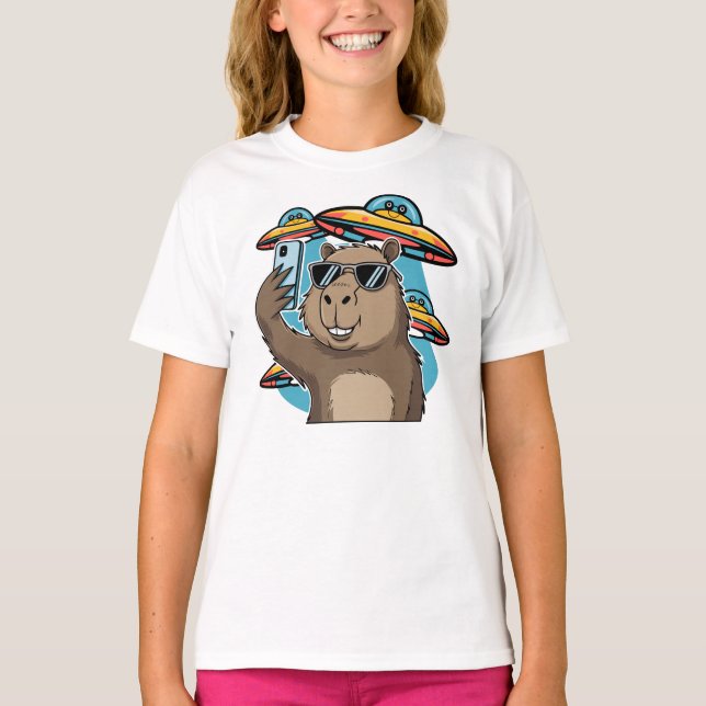 Funny Capybara Selfie with UFO Alien Space T-Shirt (Front)