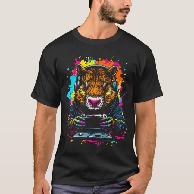 Funny Capybara Tee Gamepad Headphones Video Games  (Front)