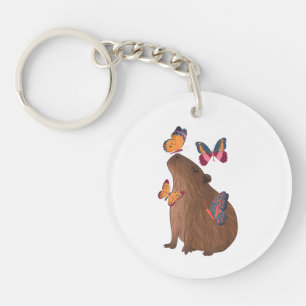 Funny Capybara with Butterfly – Cute Rodent Animal Key Ring