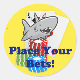 Funny Card Shark Gambling Cartoon with Poker Chips Classic Round Sticker