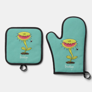 Funny carnivorous Venus fly trap plant cartoon Oven Mitt & Pot Holder Set
