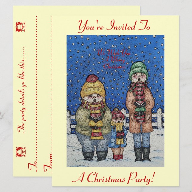 funny carol singers snow scene christmas invitation (Front/Back)