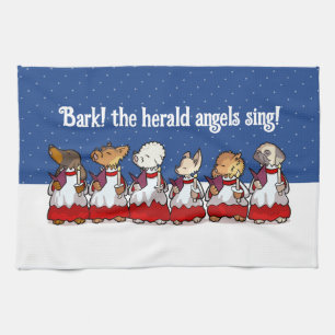 Funny Carol Singing Dogs Christmas Pug Pomeranian Tea Towel