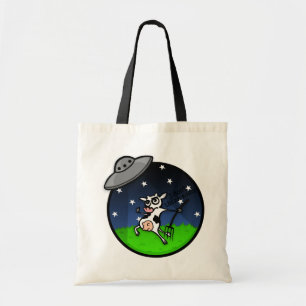 FUNNY CARTOON ALIEN ABDUCTION COW BUDGET TOTE BAG
