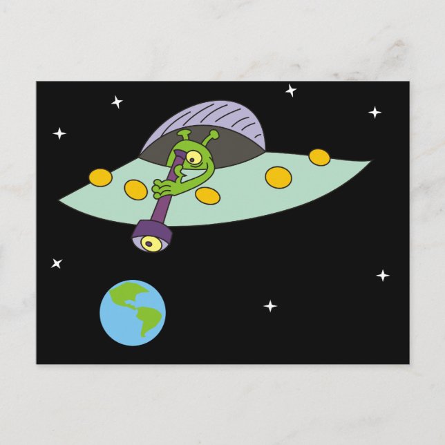 Funny Cartoon Alien and Earth Postcard (Front)