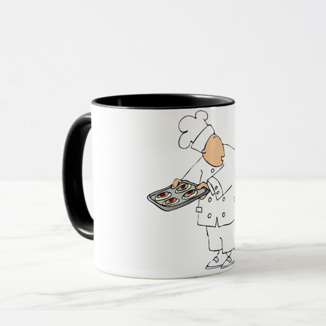 Funny Cartoon Baker Chef with Tray of Pastries Mug (Front Left)