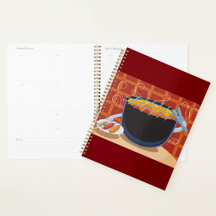 Funny Cartoon BBQ Grill with Tongs and Skewers Planner