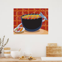 Funny Cartoon BBQ Grill with Tongs and Skewers