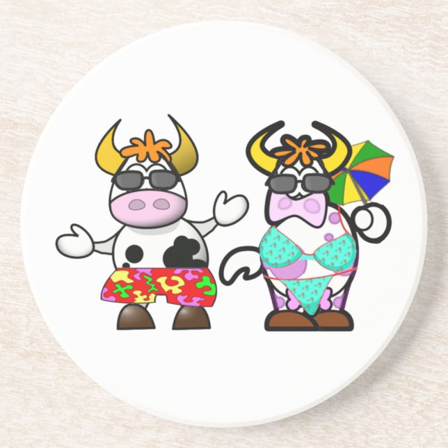 Funny Cartoon Beach Cow Couple Coaster (Front)