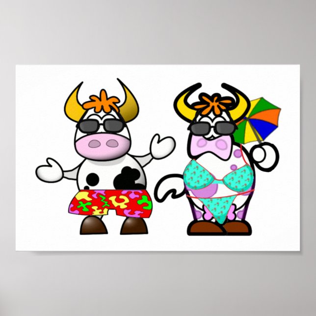 Funny Cartoon Beach Cow Couple Poster (Front)