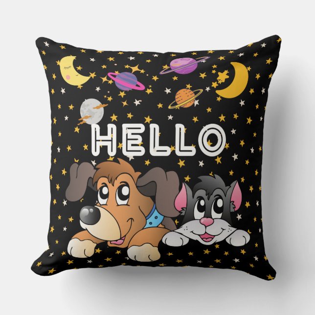 Funny cartoon black universe planet kids nursery cushion (Front)