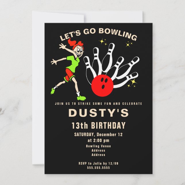 Funny Cartoon Bowling Teen Girl Birthday Party Invitation (Front)