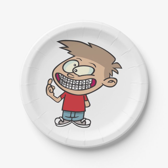 Funny Cartoon Boy with Braces Smile Paper Plate (Front)