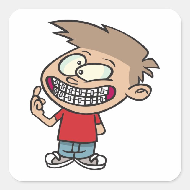 Funny Cartoon Boy with Braces Smile Square Sticker (Front)