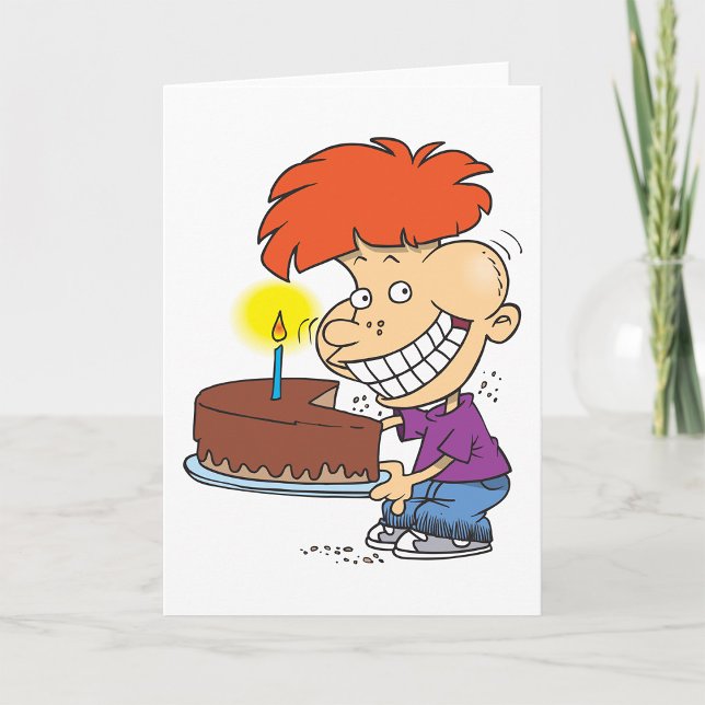 Funny Cartoon Boy with Chocolate Birthday Cake Card (Creator Uploaded)