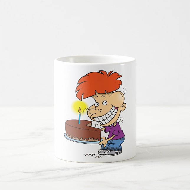 Funny Cartoon Boy with Chocolate Birthday Cake Coffee Mug (Creator Uploaded)
