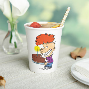 Funny Cartoon Boy with Chocolate Birthday Cake Paper Cups