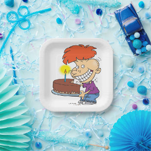 Funny Cartoon Boy with Chocolate Birthday Cake Paper Plate
