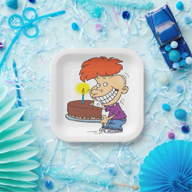 Funny Cartoon Boy with Chocolate Birthday Cake Paper Plate (Creator Uploaded)
