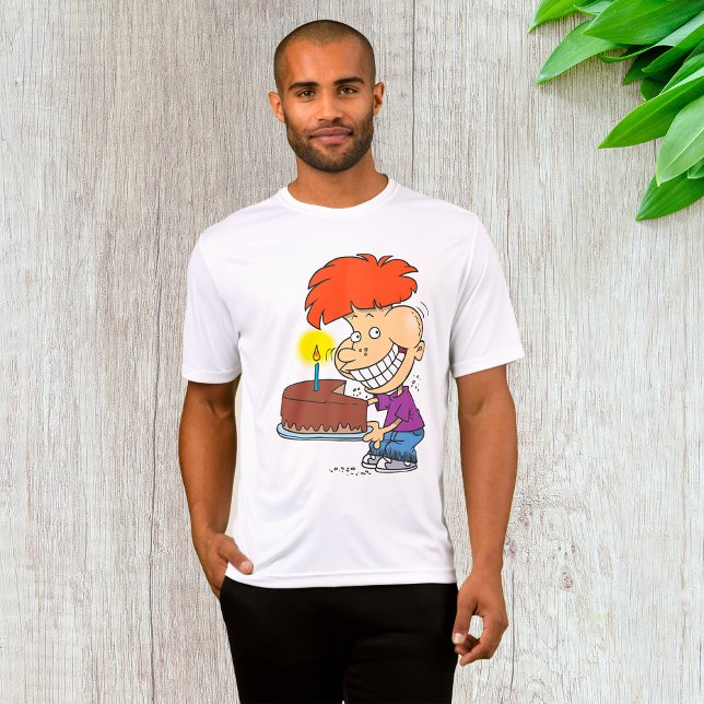 Funny Cartoon Boy with Chocolate Birthday Cake T-Shirt (Creator Uploaded)