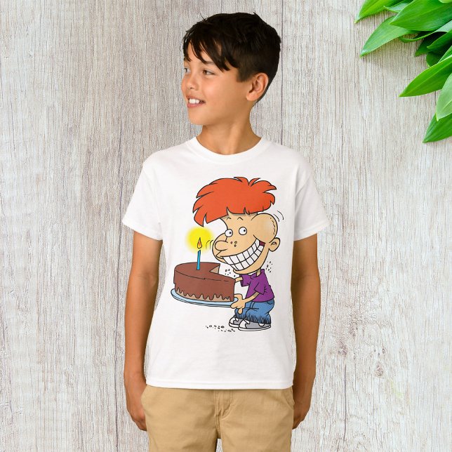 Funny Cartoon Boy with Chocolate Birthday Cake T-Shirt (Creator Uploaded)