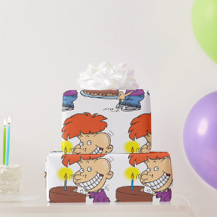 Funny Cartoon Boy with Chocolate Birthday Cake Wrapping Paper