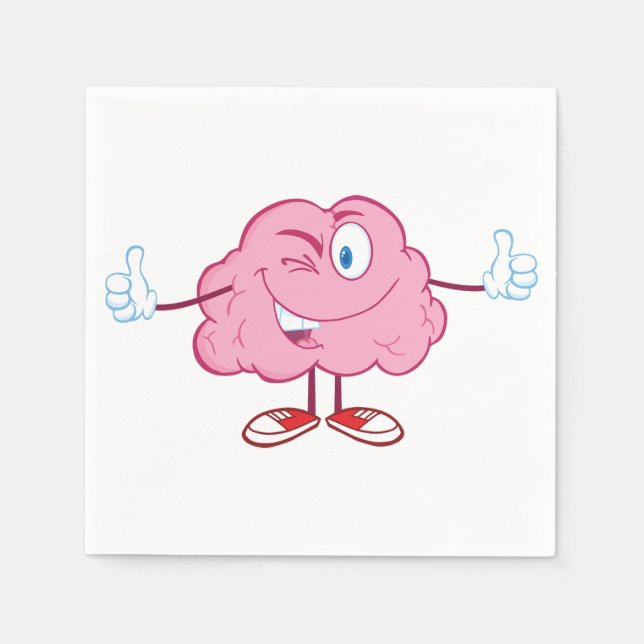 Funny Cartoon Brain Winking Character Thumbs Up Napkin (Front)