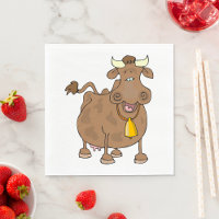 Funny Cartoon Brown Cow with Bell Farm Animal 