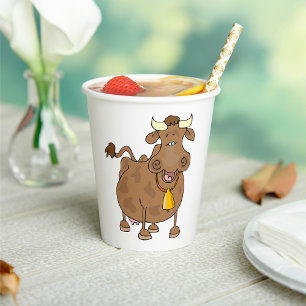 Funny Cartoon Brown Cow with Bell Farm Animal  Paper Cups