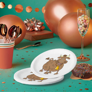Funny Cartoon Brown Cow with Bell Farm Animal  Paper Plate