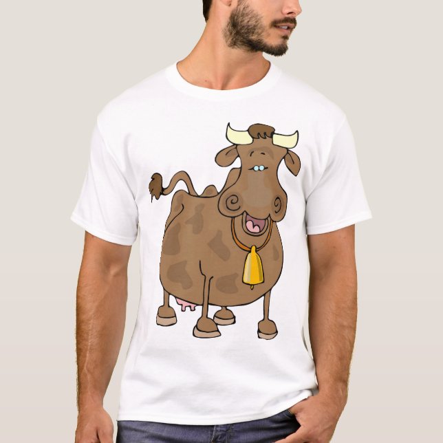 Funny Cartoon Brown Cow with Bell Farm Animal  T-Shirt (Front)