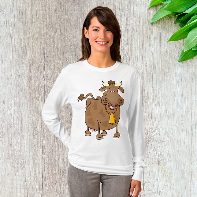 Funny Cartoon Brown Cow with Bell Farm Animal  T-Shirt (Creator Uploaded)