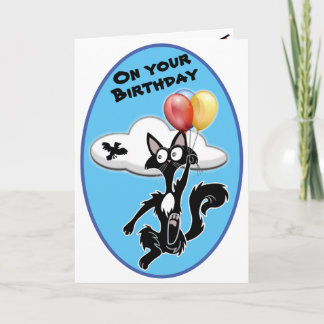 Funny cartoon cat flying in a blue sky Birthday Card