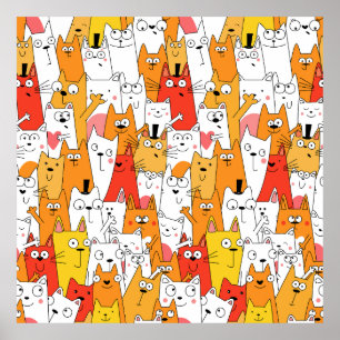 Funny Cartoon Cats Group Doodle Poster