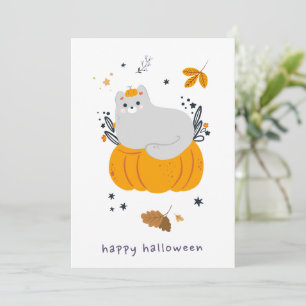 Funny cartoon cats with brooms, pumpkins and ghost