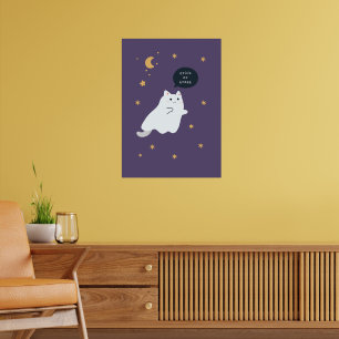 Funny cartoon cats with brooms, pumpkins and ghost poster
