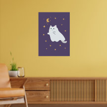 Funny cartoon cats with brooms, pumpkins and ghost