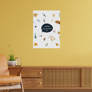 Funny cartoon cats with brooms, pumpkins and ghost poster