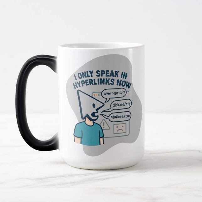 Funny cartoon character with mouse cursor head  magic mug (Left)