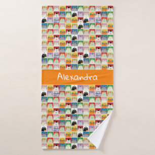 Funny Cartoon Collage Cats Modern Orange Monogram Bath Towel