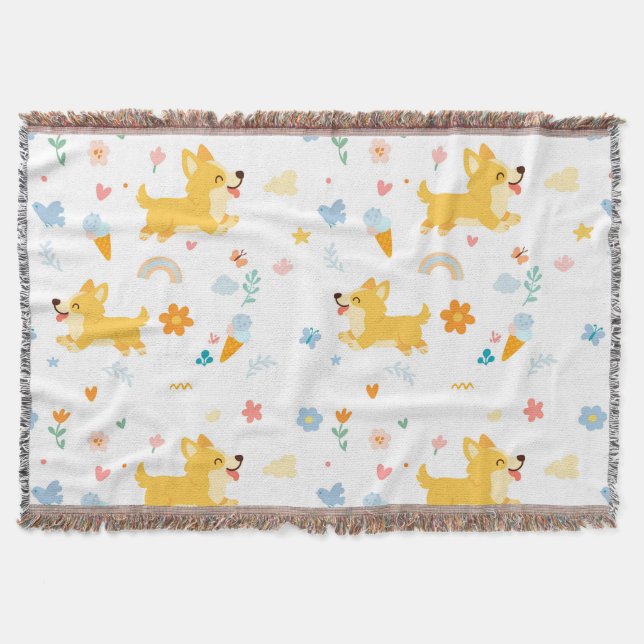 funny cartoon corgis dogs throw blanket (Front)
